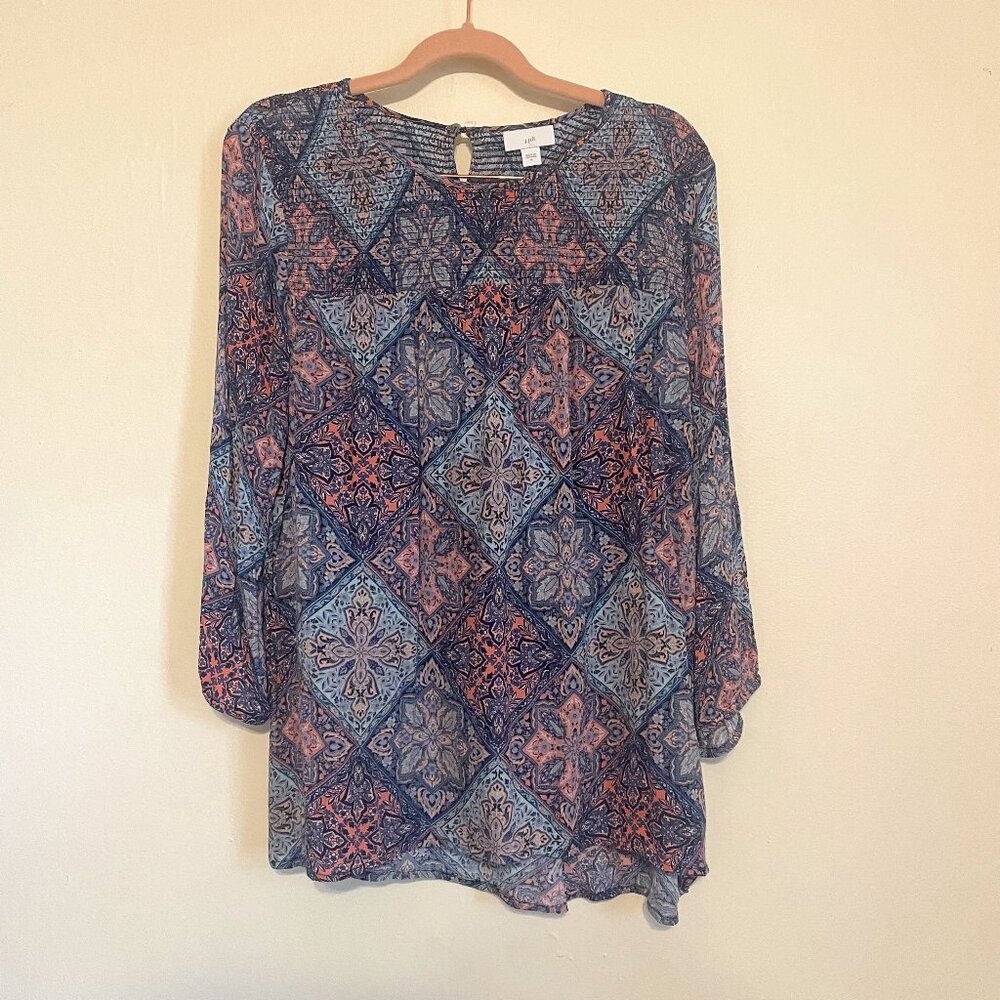 🔥 J. Jill | Blue/Pink Mosaic Design Smocked 3/4 Sleeve Boho Blouse Medium
